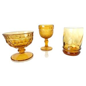 MCMC Gold Glass Set 3 Indiana Tiara Mini Goblet Whitehall Cubist Coupe, Juice